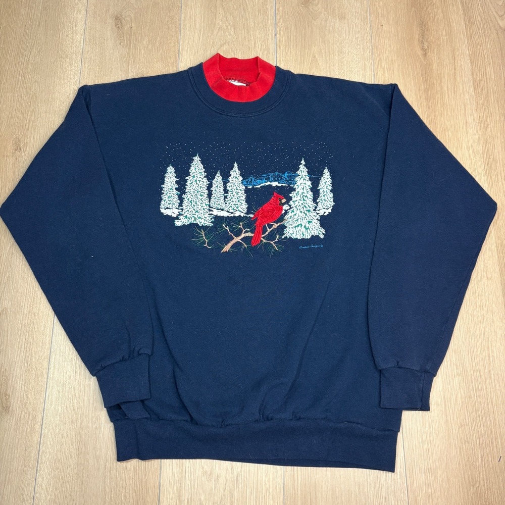 Vintage Pleasant Shade Cardinal Winter Sweatshirt Navy Blue Red Mock Neck Large